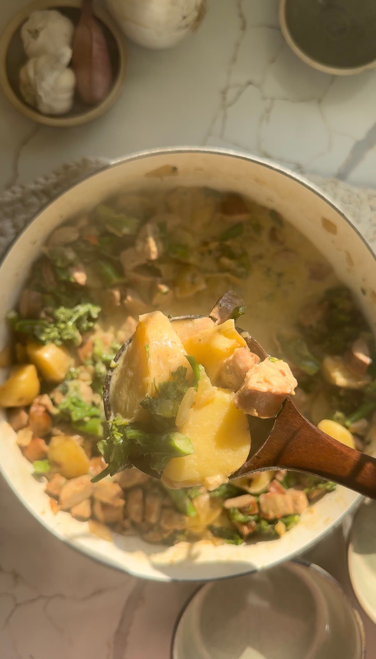 One Pot Cheddar Chicken Sausage Stew