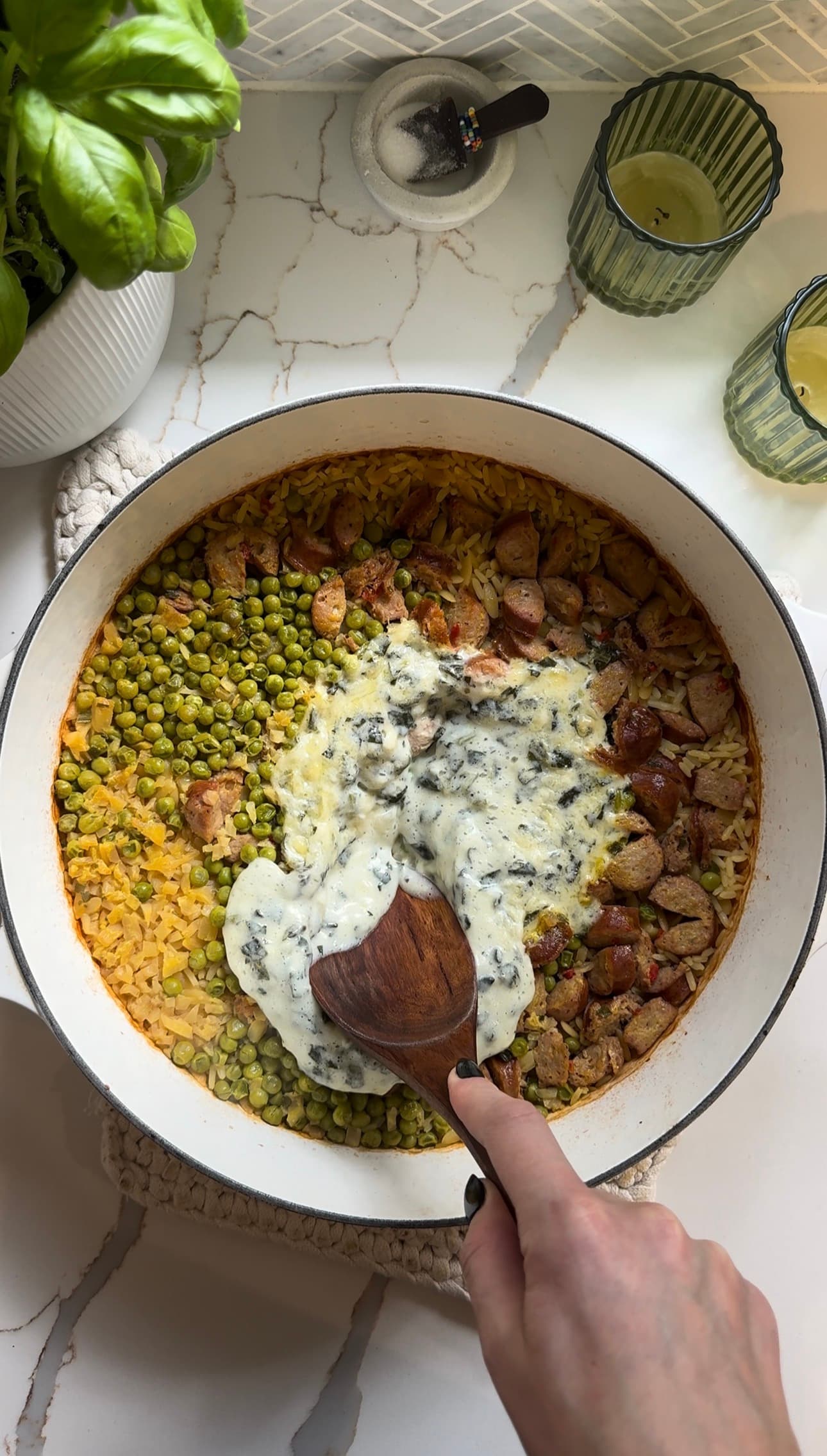 Baked Cheesy Chicken Sausage Rice & Orzo